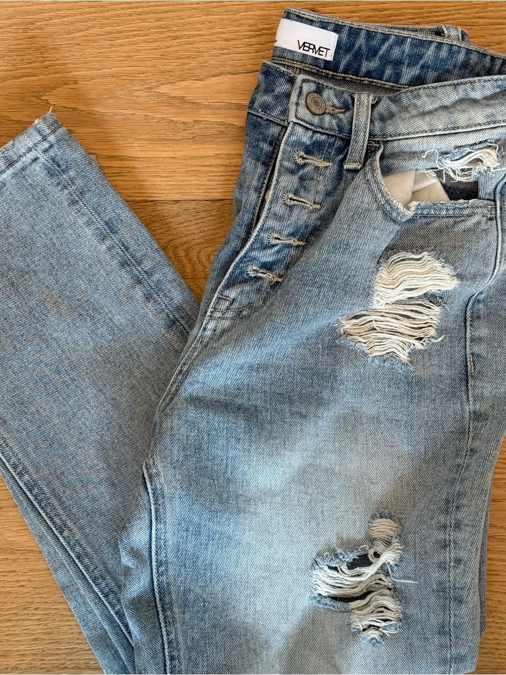 Women's Light Blue Distressed High-Rise Button Jeans Straight Leg - Picture 5 of 7